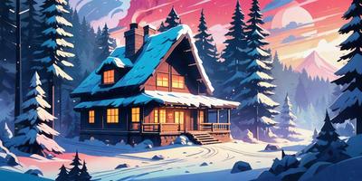 The primary subject of the image is a large, snow-covered cabin with a chimney. The cabin is situated in a snowy forest, surrounded by trees. The visual style of the image is a colorful, hand-drawn illustration, giving it a warm and inviting atmosphere. The dominant colors in the image are shades of white and brown, representing the snow and the cabin's exterior.